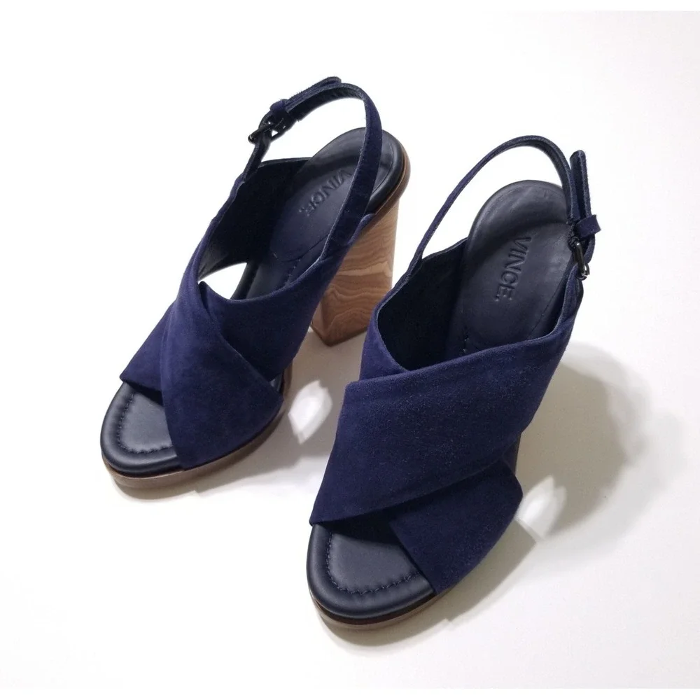 Vince Helena Suede Slingback Wooden Block Heel Sandals Indigo Blue NIB 6.5 7